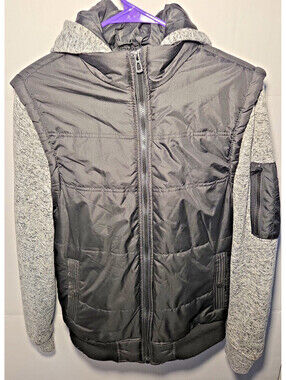 Distortion Hooded Puffer Jacket Mens Medium Black Gray Mixed Media Full Zip